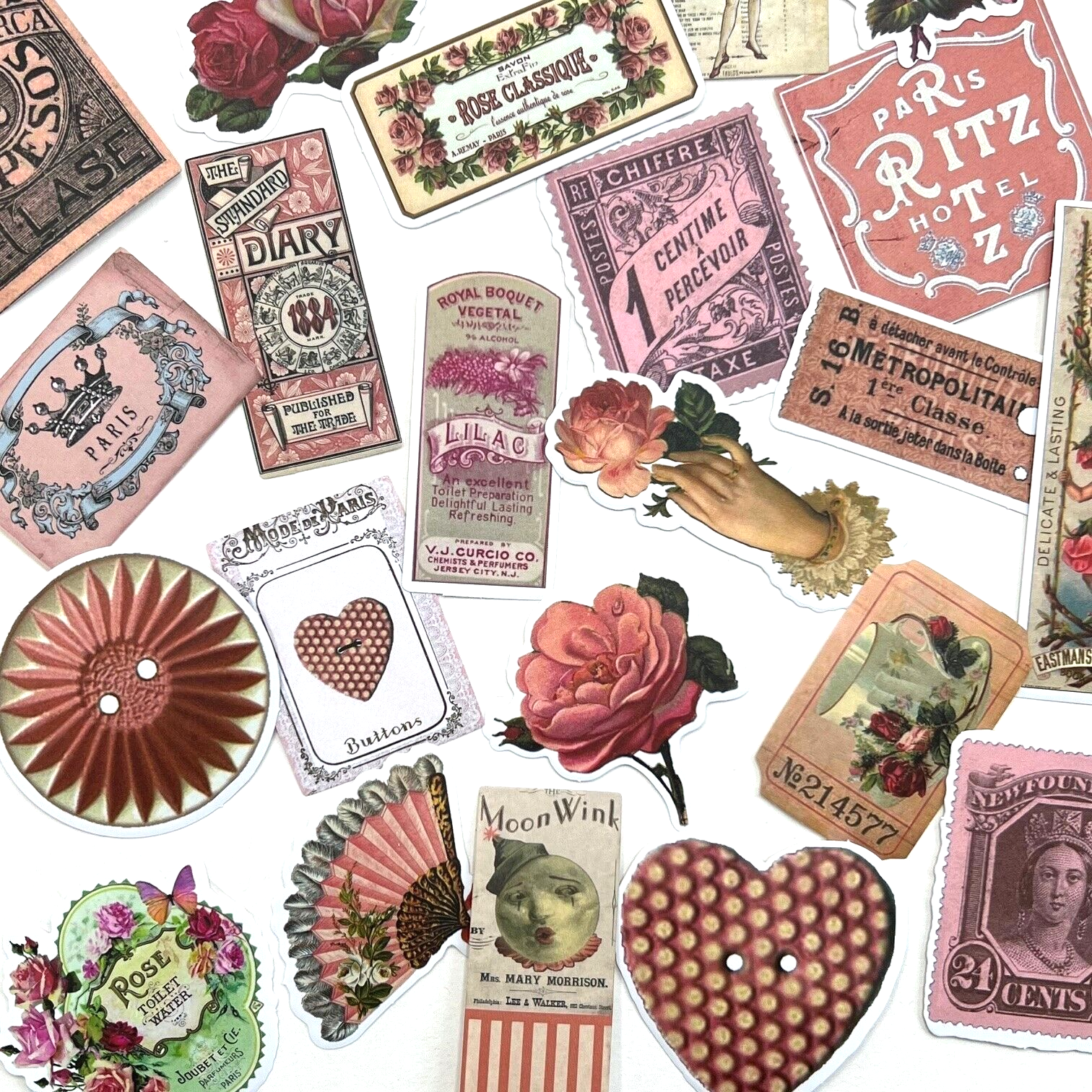 Vintage Style Pink Stickers Scrapbooking Junk Journals Collage Planners Cards