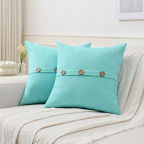 Turquoise Linen Decorative Throw Pillow Covers 14x14 Inch Set of 2