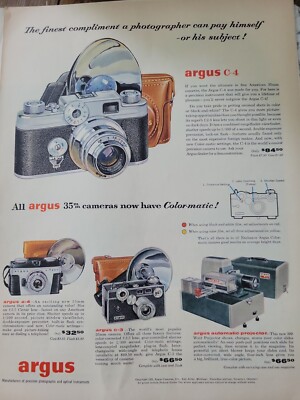 1955 Argus movie Camera projector C- 4  C-3 A-4 Color slides carrying case ad