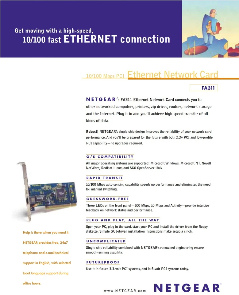 Scheda di rete Netgear FA311 Rev-C1 PCI Lan 10/100MBit PC DSL Nic Mappa Rete/Eth - Immagine 2 di 4