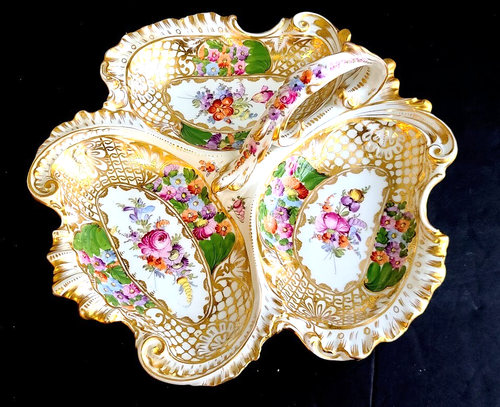 Helena Wolfsohn Dresden 3 Part 12" Divided Serving Dish Handled Fabulous Painted
