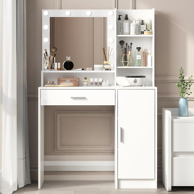 Elegant White Vanity Desk with Mirror, Light & Adjustable Brightness