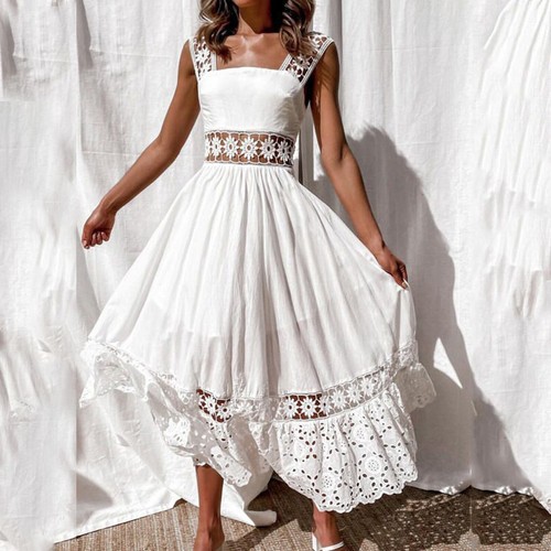 Damen Sommerkleid Maxikleid Party Strandkleid Spitze Abend Einfarbig Neu ≌ - Picture 3 of 8