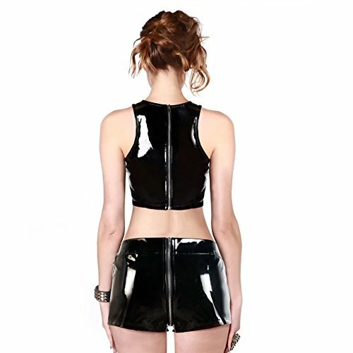 Sexy Conjunto de Pantalones Cortos Fetiche Gótico Brillo Imitación Cuero y Doble Cadena Foto 2 de 3