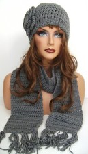 NEW CROCHET TRUE GRAY FLOWER HAT AND SCARF SET HAND MADE BEANIE SKULL CAP CLOCHE