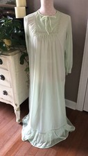 Vtg NANCY KING Small Mint Green LONG NIGHTGOWN Ruffled Long Sleeve Nylon Lace