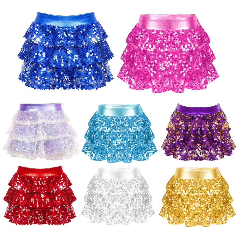 Girl's Kids Sequins Skirted Shorts Sparkly Ruffle Layers Skirt Hip Hop Dance UK - Image 2 of 3