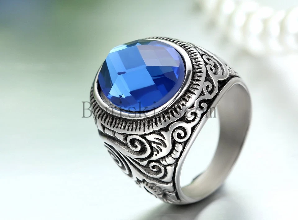 Men's Womens Vintage Patterned Stainless Steel Charm Ring Band With Glass Stone - Image 4 of 4
