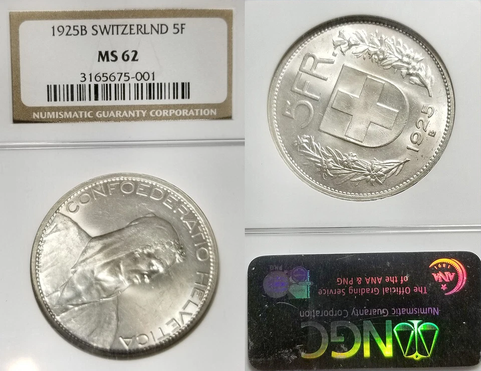 Schweiz 1925 5 Fr, Ch Bu, NGC 62 Sharp Detail, Luster. Selten Schlüssel Datum - Bild 2 von 2