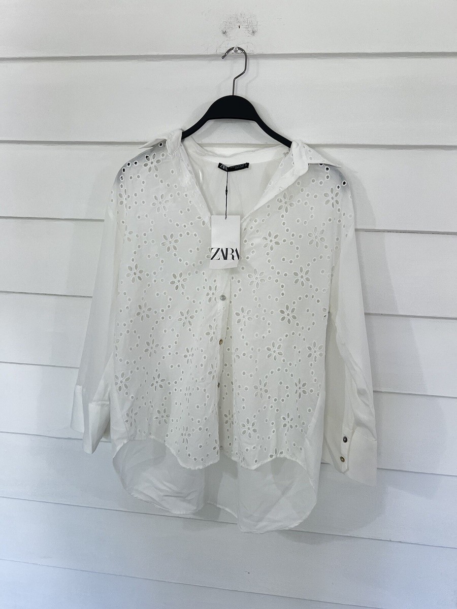 New ZARA White Eyelet Button Front 3/4 Sleeve Shirt V-Neck New ZARA White Eyelet Button Front 3/4 Sleeve Shirt V-Neck