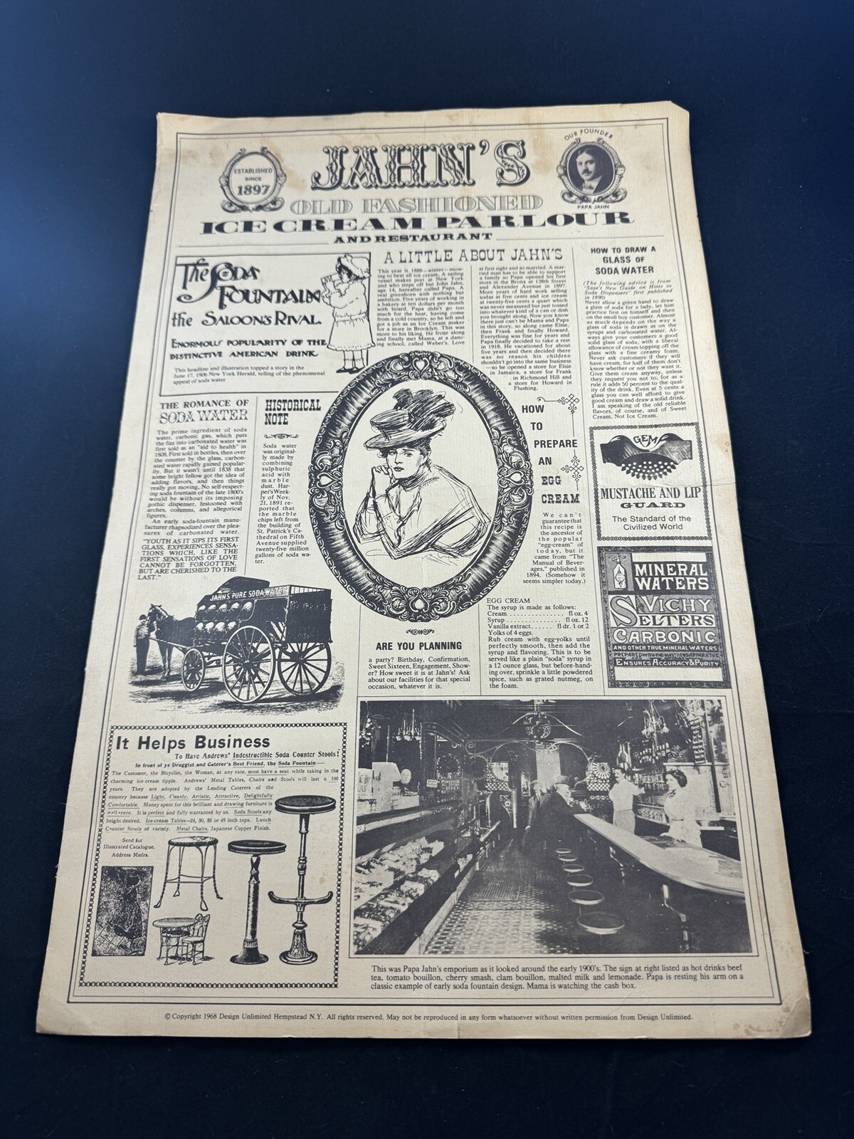 1968 Jahn's Ice Cream Parlor Restaurant Menu NY Souvenir w/Luncheon