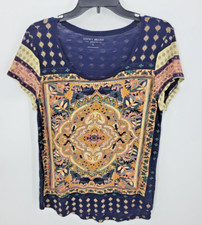 Lucky Brand Top Womens Large Blue Gold Persian Carpet Print Short Sleeve Artsy