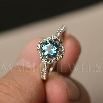 Natural London Blue Topaz 925 Solid Silver December Birthstone Engagement Ring