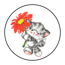 30 CUTE KITTEN WITH FLOWER ENVELOPE SEALS STICKERS LABELS TAGS 1.5" ROUND CAT