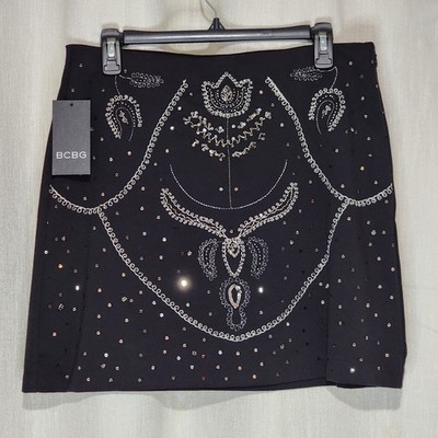 BCBG Women's Mini Skirt Embroidered A-Line Side Zip Black Size 16 NWT