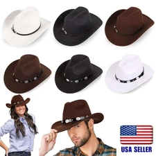 Men Women Fedora Western Cowboy Hat Leather Belt Cowgirl Costume Cap Wide Brim