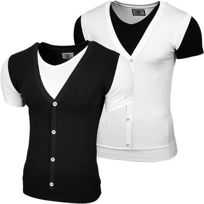 Kickdown Herren Kurzarm 2in1 V-Neck Kontrast Polo T-Shirt Hemd Schwarz/Weiß 2814