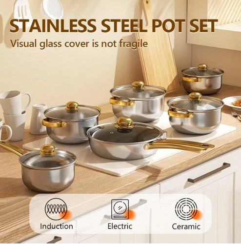12pcs Stainless Steel Cookware Set with Glass Lids, Non-Stick Pots & Pans