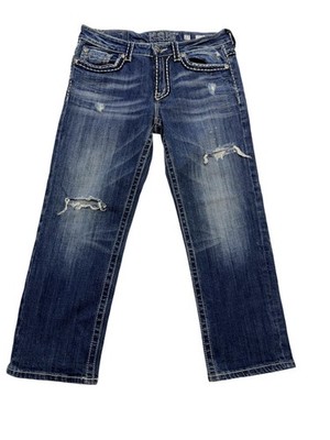 Miss Me Boyfriend Jeans Womens 27 Blue Mid Rise Distressed Embroidered 33x28