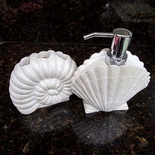 Bathroom Accessory Set White Seashell Soap Dispenser Nautical Tropical seaside