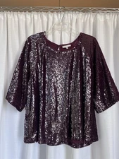 Skies Are Blue Sequined Top Womens Maroon Shimmer Metallic Sequined Bell SL 1X