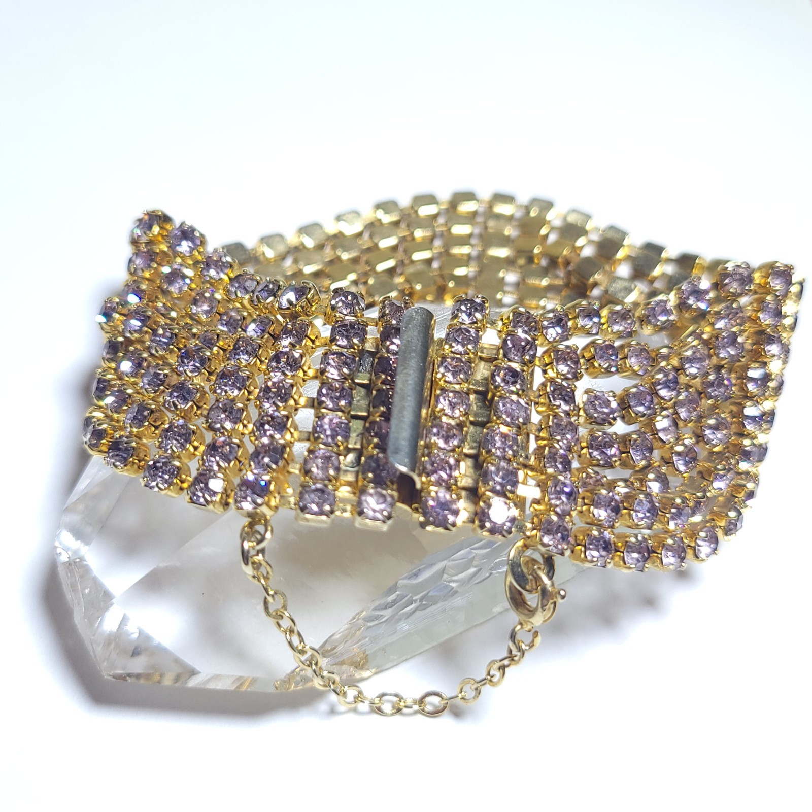 Vintage Rhinestone Bracelet Light Pink / Purple Box Clasp 7
