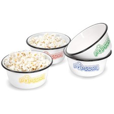 Set of 4 White Enamelware Metal 1.2 qt Popcorn Bowls, Assorted Color Prints