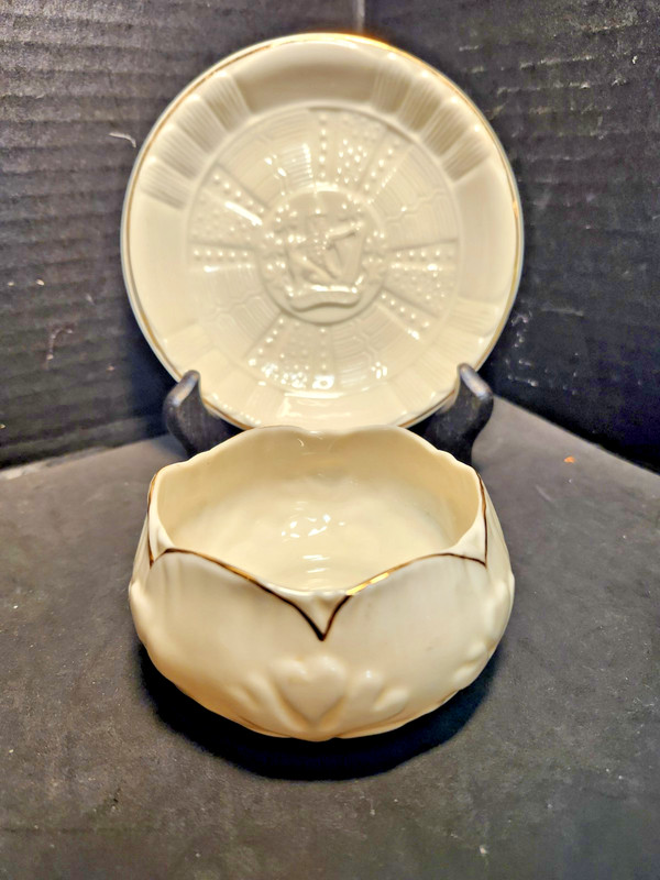Belleek Collector's Society 2pc Lot Round Dish w/ Symbol Sugar Bowl 1982