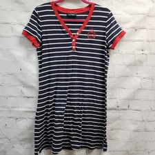Lauren Ralph Lauren M Womens Blue  White stripe Dress Short Sleeve logo  v neck