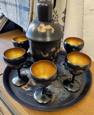 Antique 1920’s Black Lacquer Chinese Chung Mei Cocktail shaker set Goblets Etc