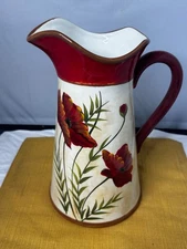 Pier 1 Imports Hand Painted Earthenware Poppies Pitcher Red Floral 11”