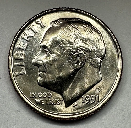 1991-D Roosevelt Dime 10cent Coin from US Mint Set. Uncirculated BU