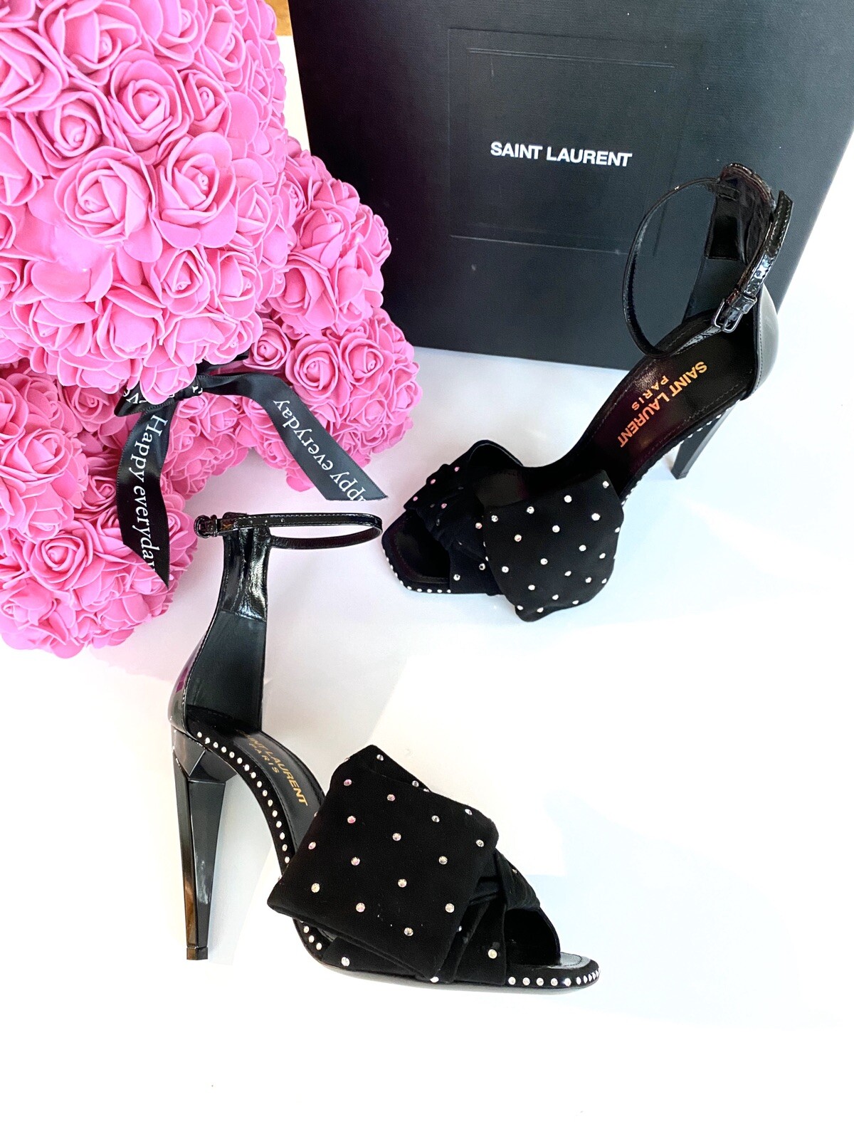 SCARPE SANDALO SAINT LAURENT FREJA NERE SCAMOSCIATE FIOCCO CRISTALLO STRASS PUNTA APERTA 37 NUOVE CON SCATOLA