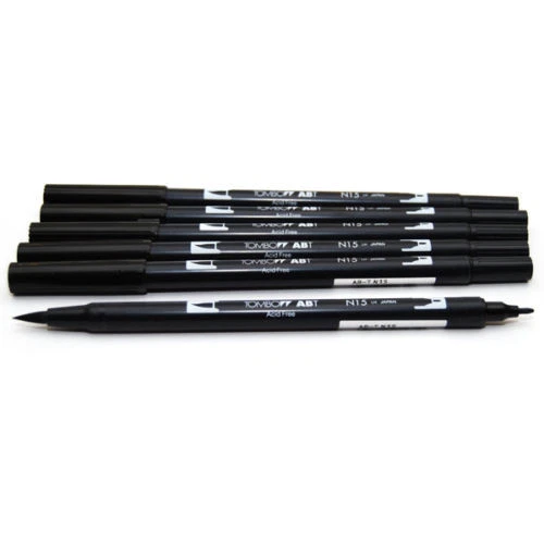 6 x Tombow Brush pens ABT Artists Twin Pen - Black (N15) uk stockist