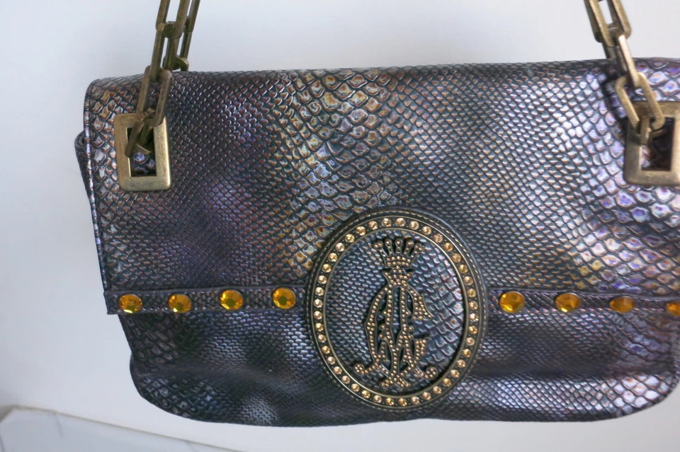 Auténtico bolso de hombro de cuero negro con cadena Christian Audigier para mujer Foto 4 de 4