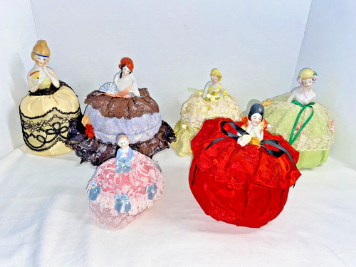 (6) Vintage Antique Victorian Porcelain Half Doll Pin Cushions