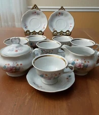 Rare - Favolina 6 Pc. Saucer & Cups, Sugar Bowl With Lid & Creamer, Gold Trimmed