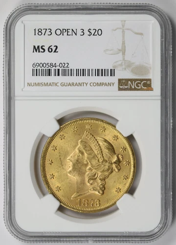 1873 Open 3 Liberty Head Double Eagle Gold $20 MS 62 NGC