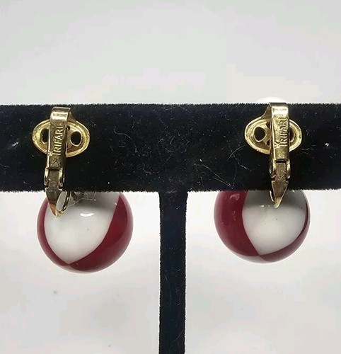 Crown Trifari "Beach ball " Earrings Red And White Dangle Vintage Flirty 1950s - Picture 3 of 4