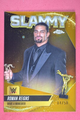 Roman Reigns 2025 Topps Chrome WWE Slammy Gold /50 Refractor #SMY-RRN1