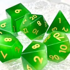 Sage's Treasures - Gemstone Green Cat's Eye Polyhedral Dice Set Dungeons Dragons