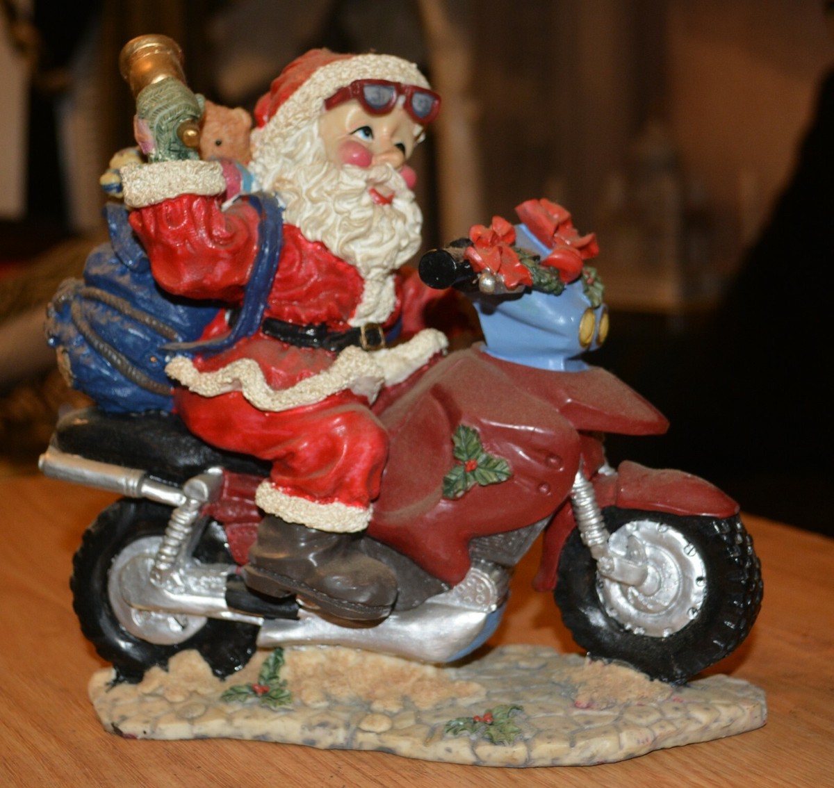 Vintage Ceramic Christmas Santa Claus On Motorcycle With gifts on