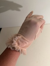 Vintage Pink Sheer Gloves Ruffle Cuff Nylon Bridal Tea Party Formal