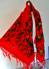 Vtg Ukrainian Ethnic Red Wool Challis Shawl Wrap, 57x58" Plus 6" Fringe, Roses