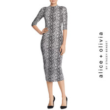 $330 ALICE + OLIVIA Delora Midi Dress Sz 2 Snake Print Fitted Black Stretch