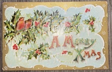 Vintage Embossed Christmas Postcard with Robins & Holly, 1911 Postmark