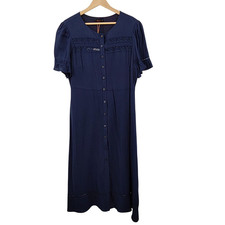 Quince Women Lightweight Crepe Lace Inset Midi Dress Deep Navy Basic Sleeved L