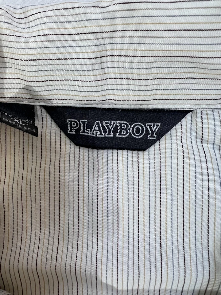 Camisa Playboy Para Hombres XL Blanca Marrón Rayas Pijama Cuello Salón Hecha en EE. UU. DE COLECCIÓN Foto 3 de 4