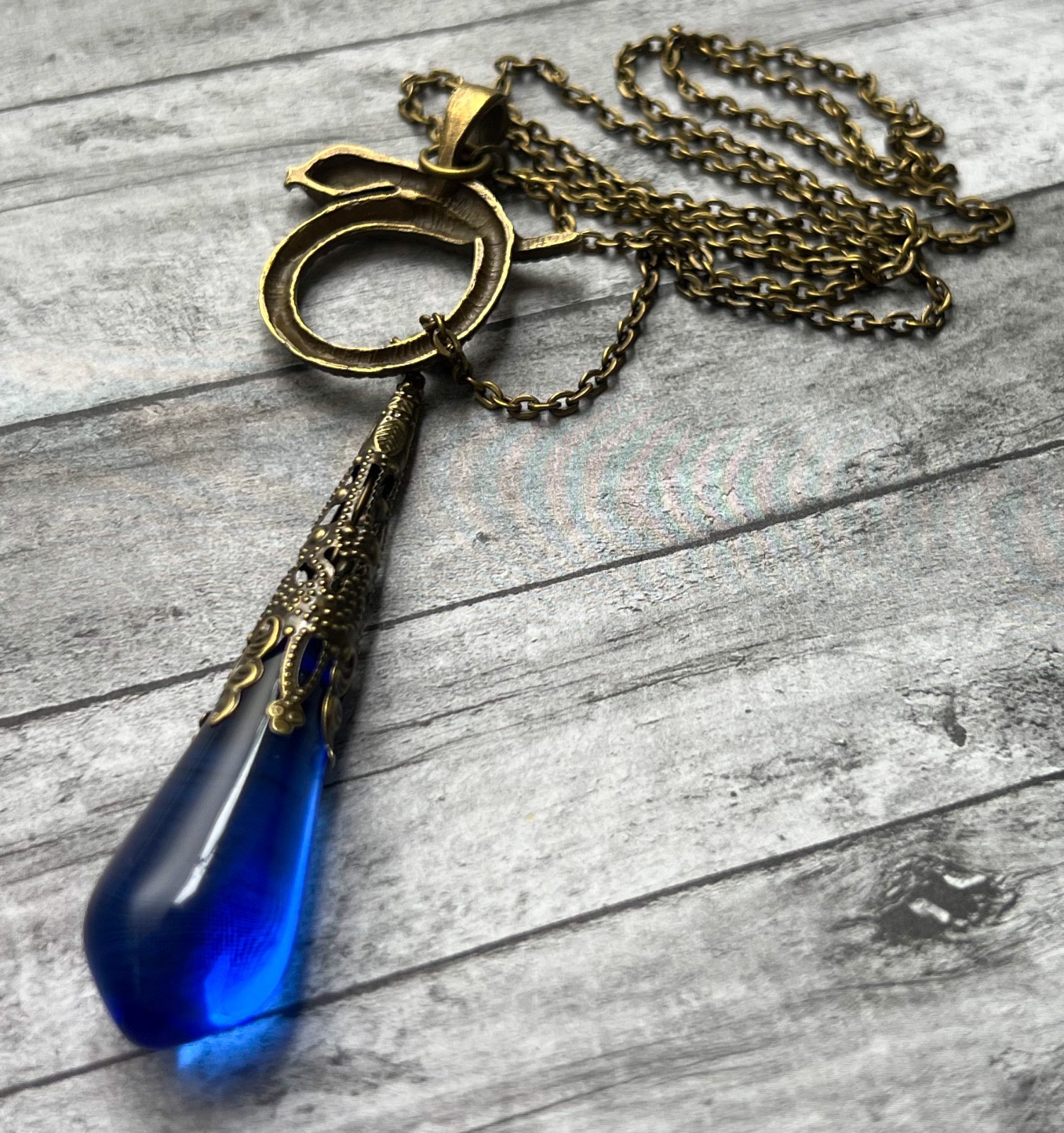 Lariat Necklace Egyptian Revival Coiled Snake Pendant Antique Blue Czech Glass