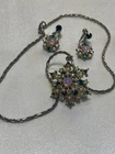 Vintage Fire Opal Green Rhinestone Seed Demi Parure Costume Jewelry Set